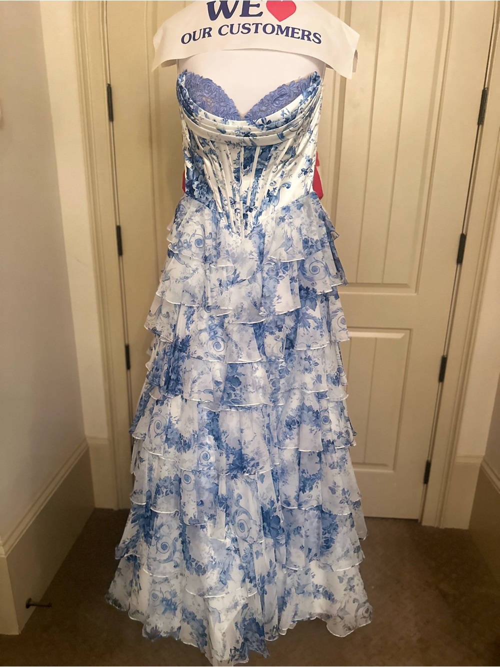 Sherri Hill Blue and White Strapless Ruffled Ball Gown